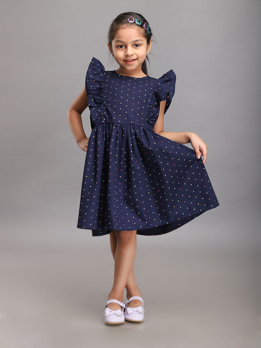 Navy Polka Dot Printed Dress