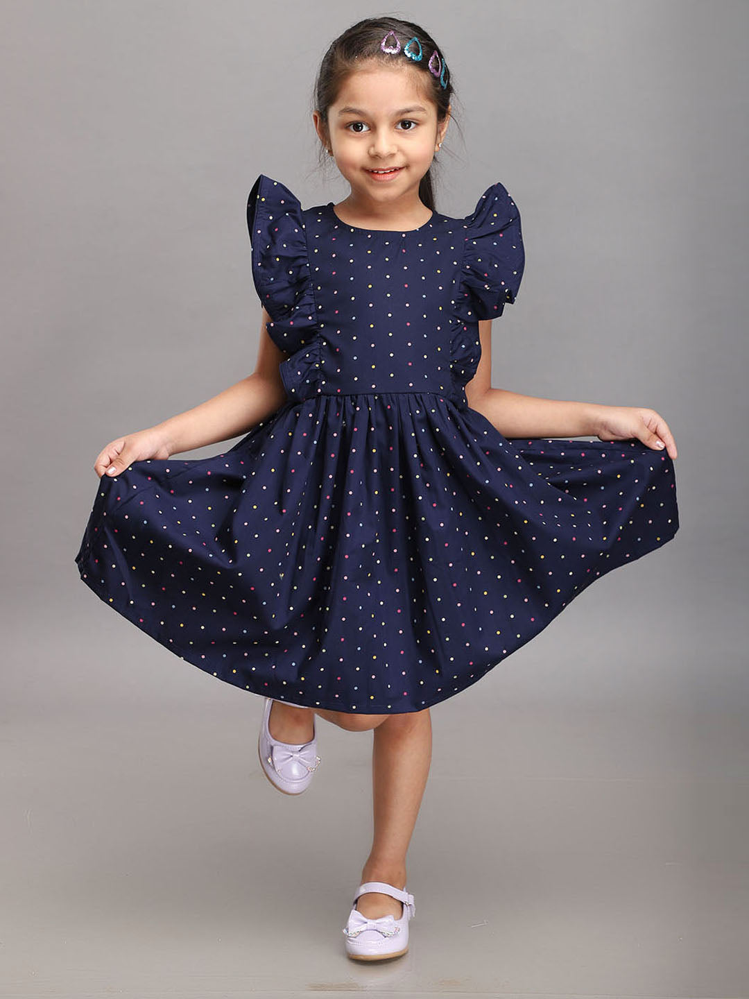 Navy Polka Dot Printed Dress