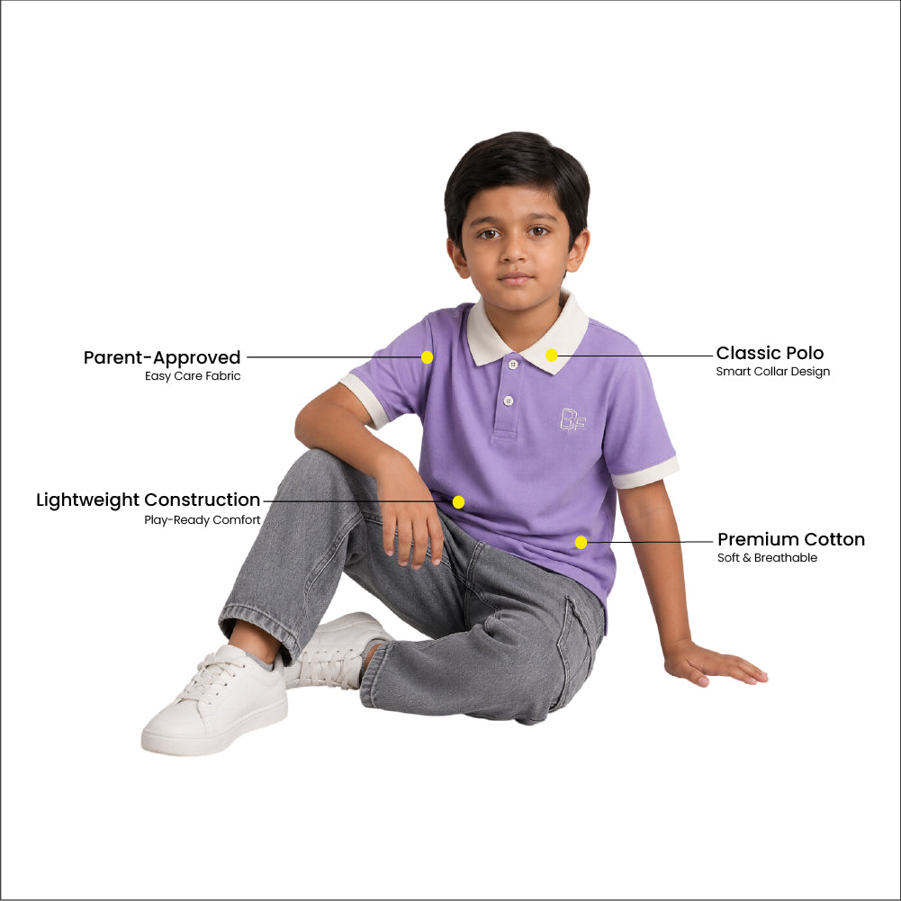 Boys Pure Cotton Lavender Color Pique Polo T Shirt with Off White Collar