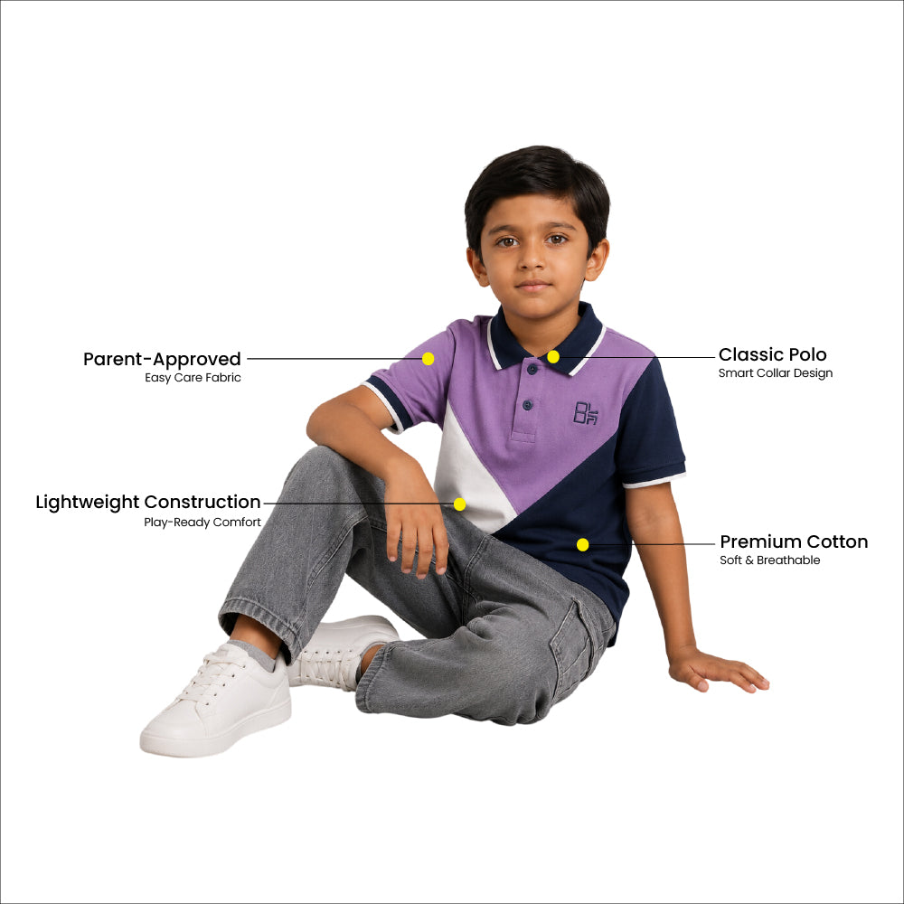 Boys Pure Cotton Tricolors Pique Polo T Shirt (Lavender, Navy & Off White)