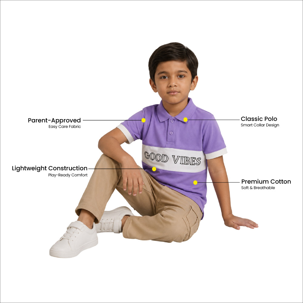 Boys Pure Cotton Lavender & Off White Color Pique Polo T Shirt with Good Vibes design Print