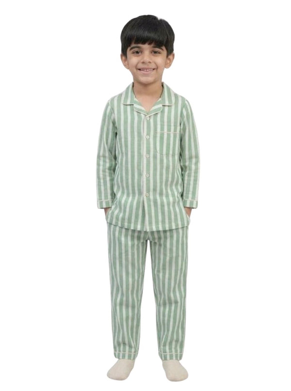 Biglilpeople Kids Unisex Green Striped Cotton Full Sleeve Shirt & Pyjama Nightsuit