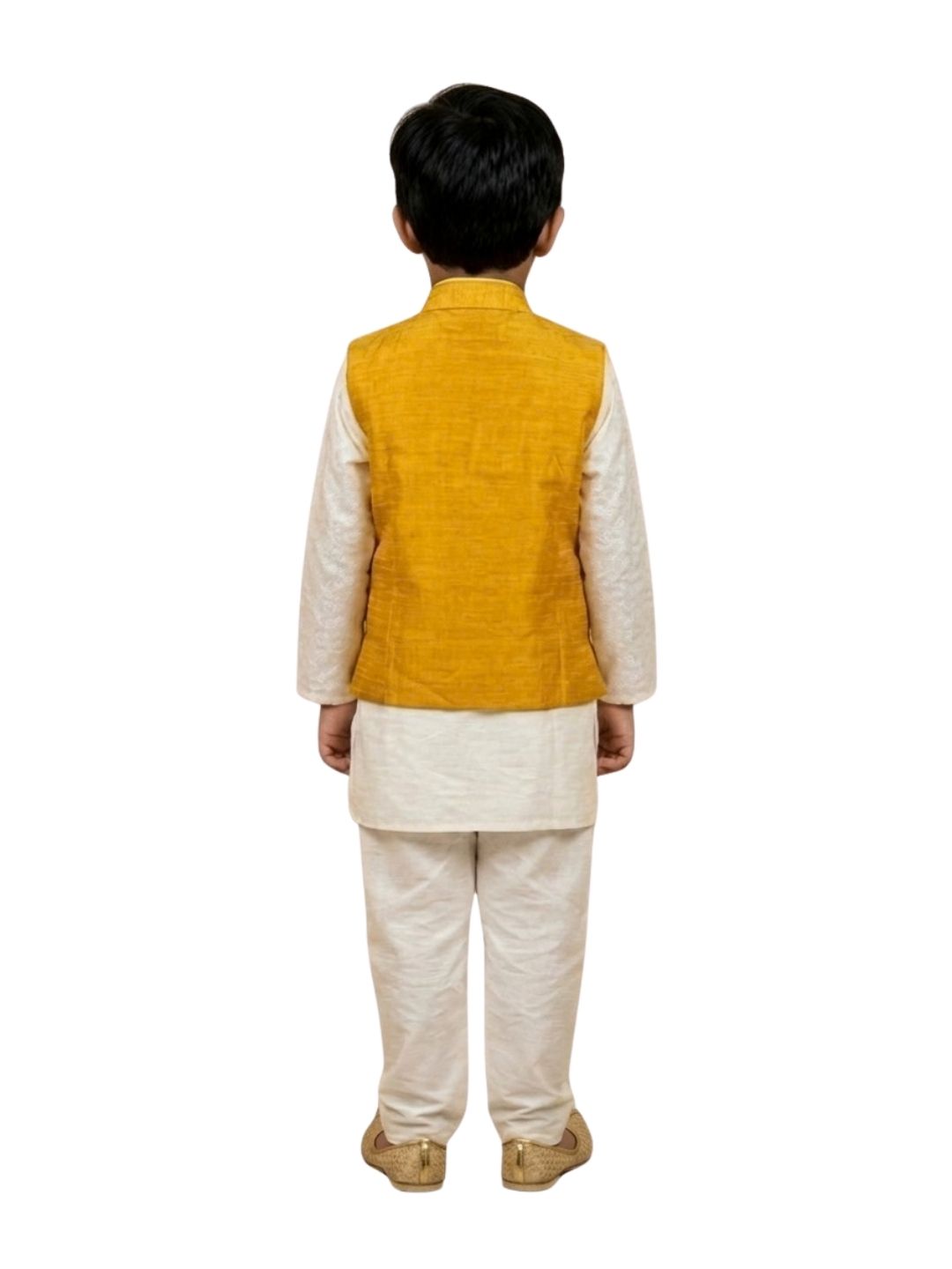 Biglilpeople Boys Off white Kurta and Pant Set with Mustard Cotton Silk Nehru Jacket
