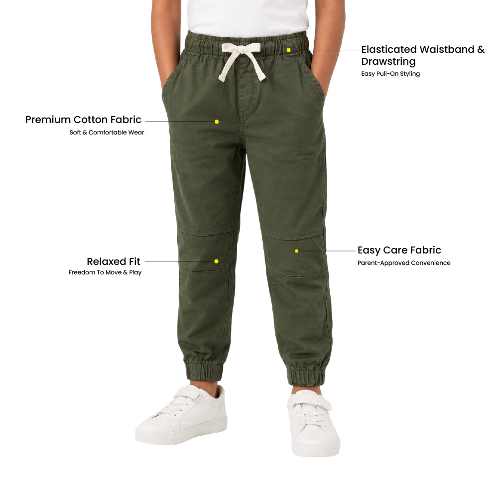 Boys Olive Color Cotton Woven Joggers