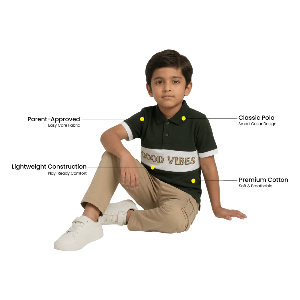 Boys Pure Cotton Olive Green & Off White Color Pique Polo T Shirt with Good Vibes design Print