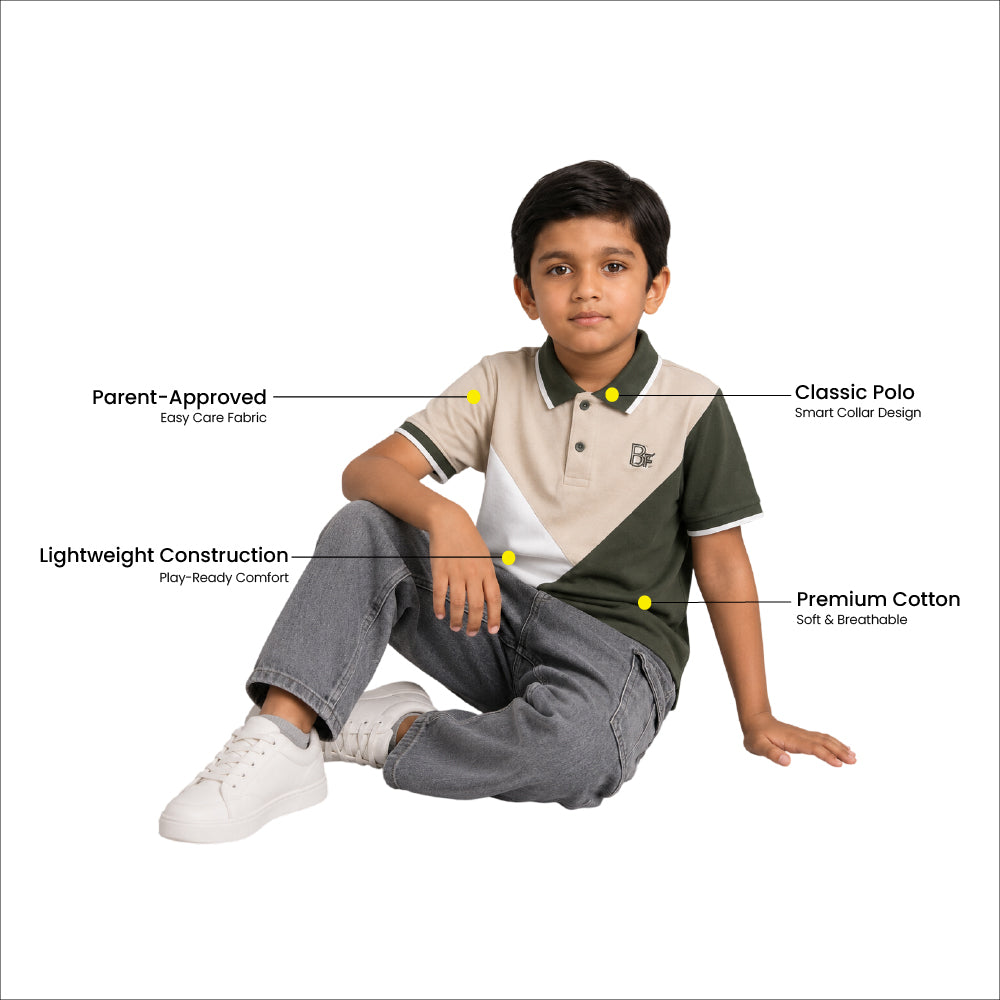 Boys Pure Cotton Tricolors Pique Polo T Shirt (Olive, Peach & Off White)