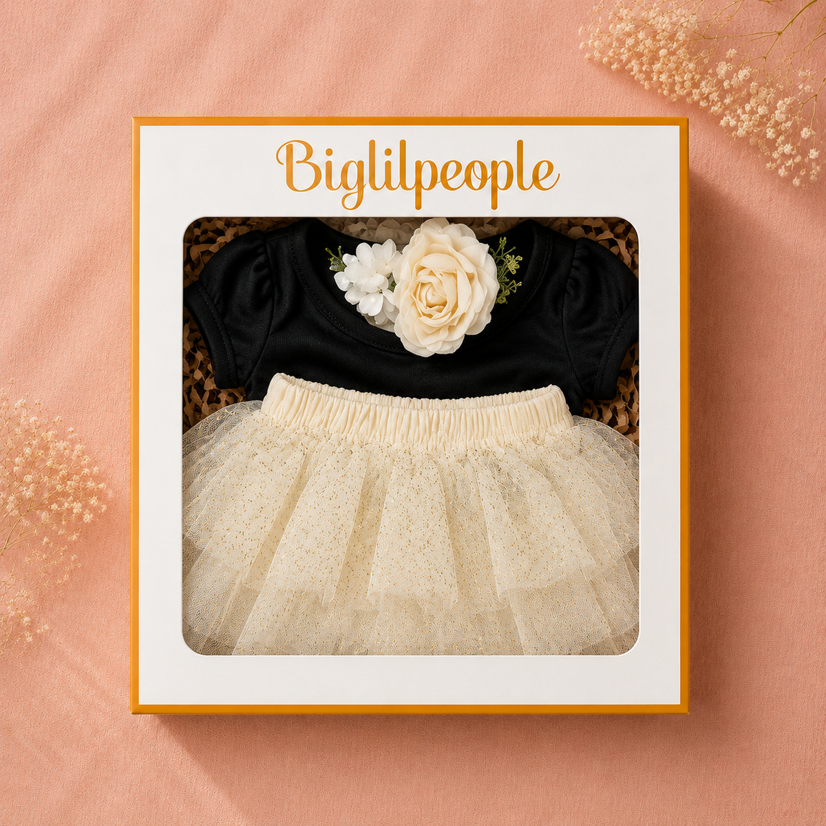 Newborn Girls Tutu Bloomer Gift Set with Romper – Beige & Black