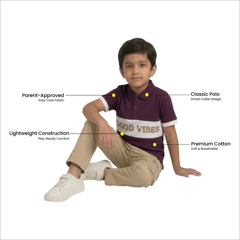 Boys Pure Cotton Purple & Off White Color Pique Polo T Shirt with Good Vibes design Print