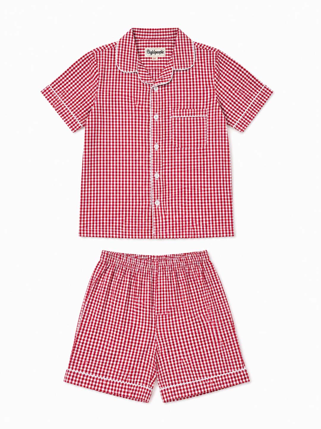 Biglilpeople Kids Unisex Red Checks Cotton Short Sleeve Shirt & Shorts Nightsuit