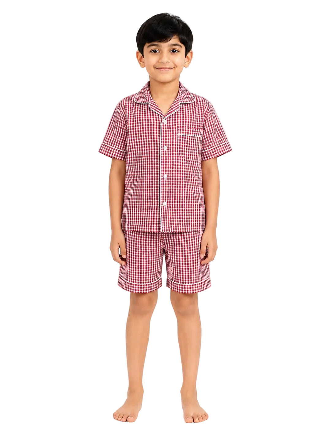 Biglilpeople Kids Unisex Red Checks Cotton Short Sleeve Shirt & Shorts Nightsuit