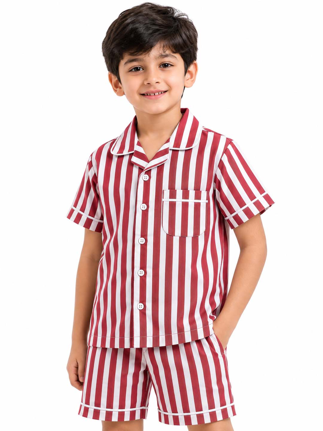 Biglilpeople Kids Unisex Bold Red Stripe Cotton Short Sleeve Shirt & Shorts Nightsuit