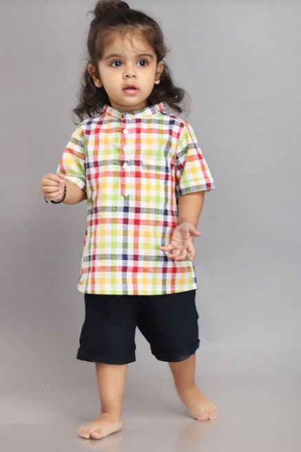 Boys Checked Mandarin Collar Pure Cotton Shirt with Shorts