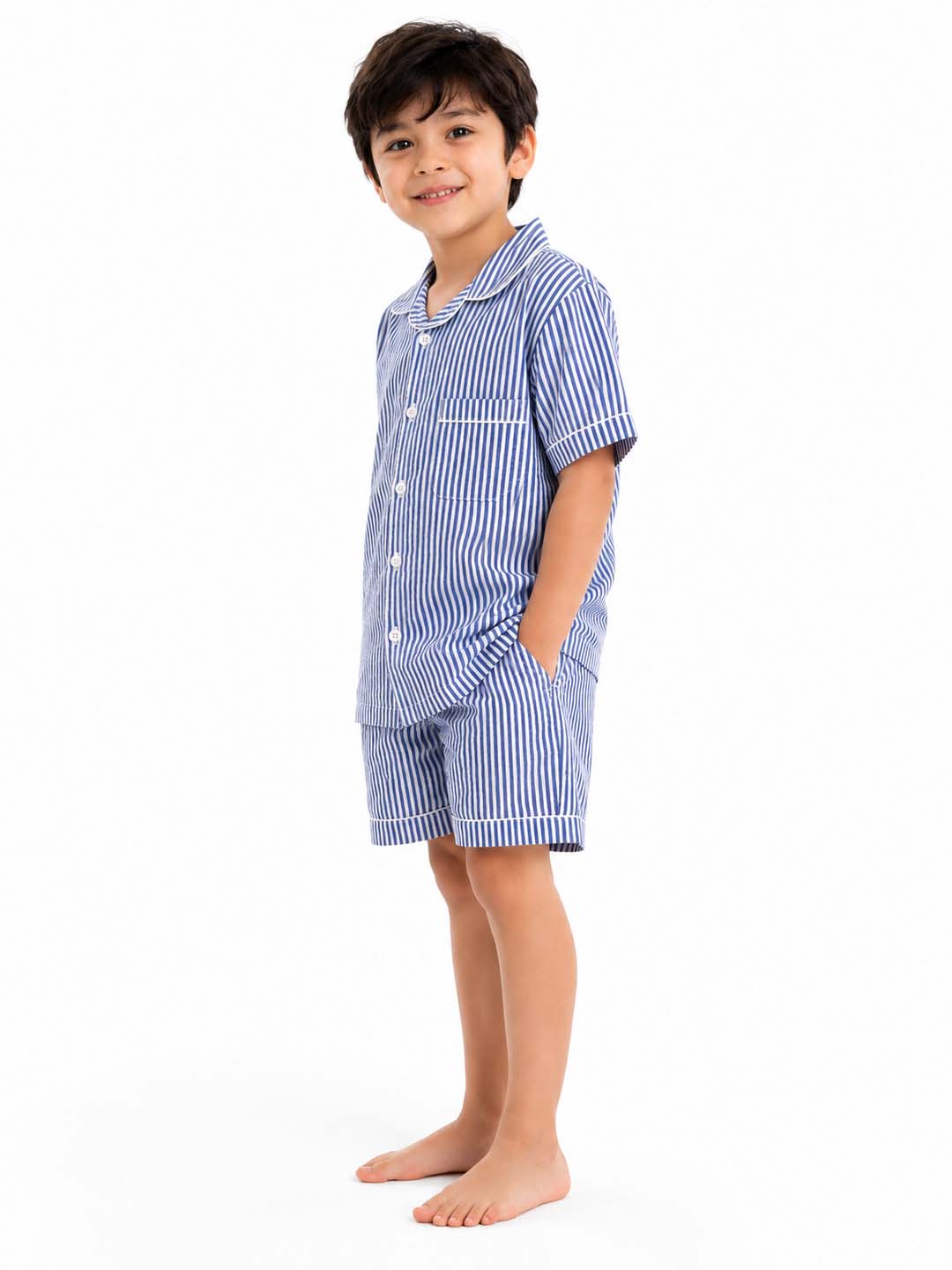 Biglilpeople Kids Unisex Light Blue Stripe Cotton Short Sleeve Shirt & Shorts Nightsuit