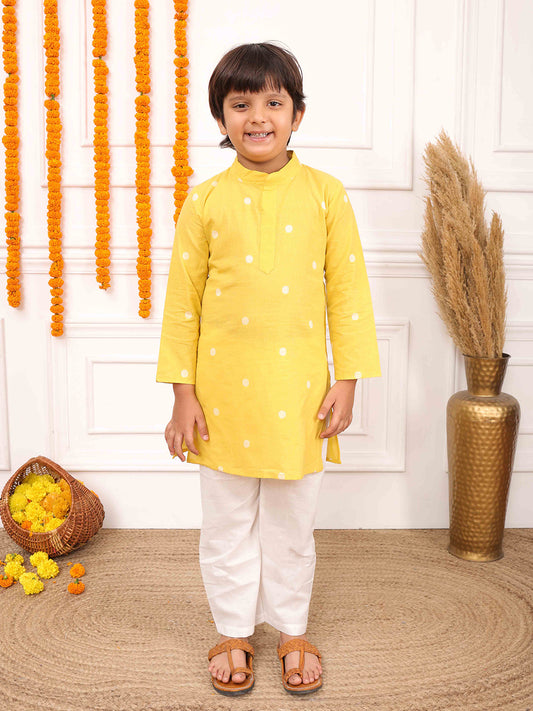 Boys Printed Full Sleeves Kurta Set-Yellow