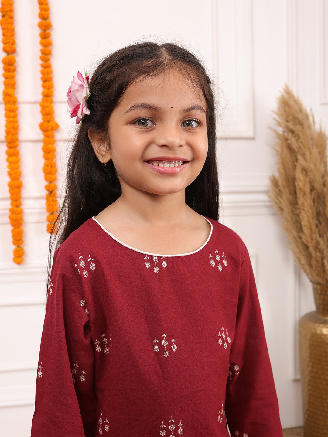 Girls Printed Full Sleeves Kurta Set-Maroon