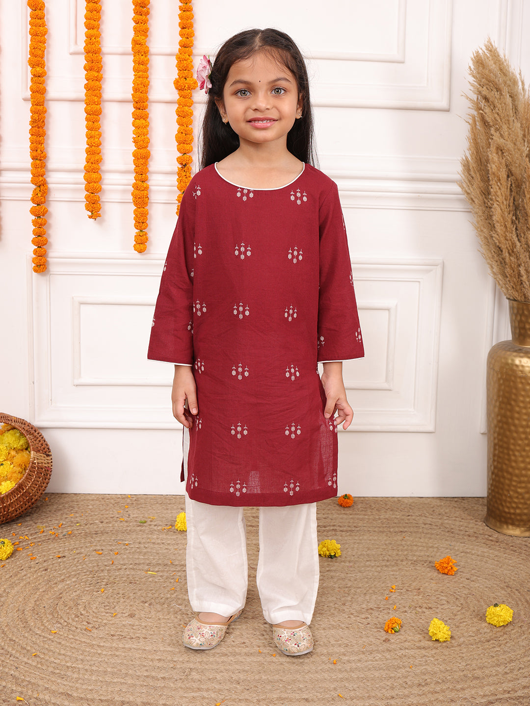 Girls Printed Full Sleeves Kurta Set-Maroon