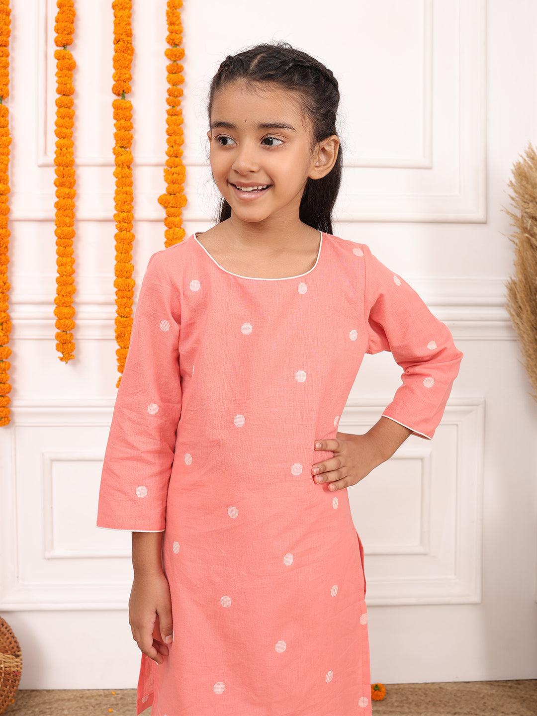 Girls Printed Full Sleeves Kurta Set-Peach