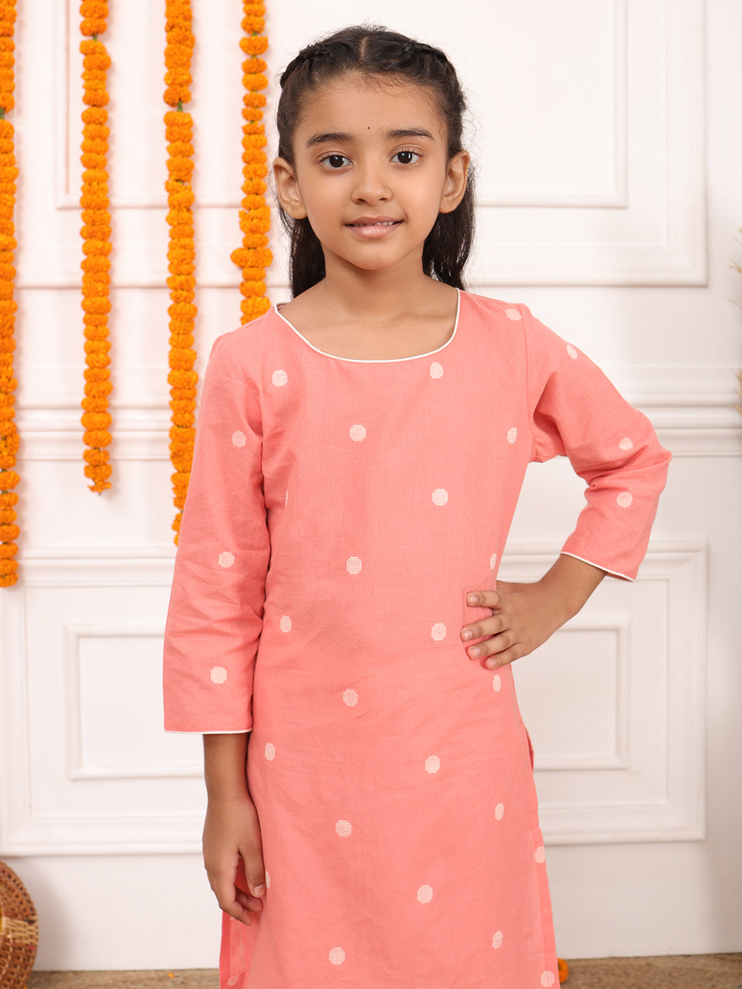 Girls Printed Full Sleeves Kurta Set-Peach