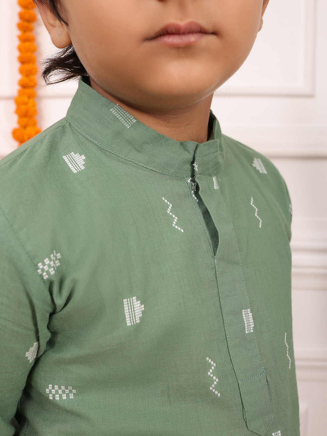 Boys Printed Full Sleeves Kurta Set-Light Green