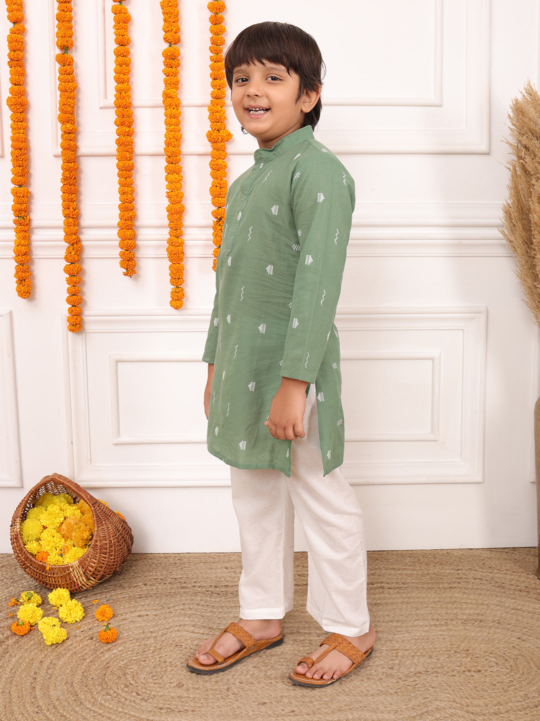 Boys Printed Full Sleeves Kurta Set-Light Green