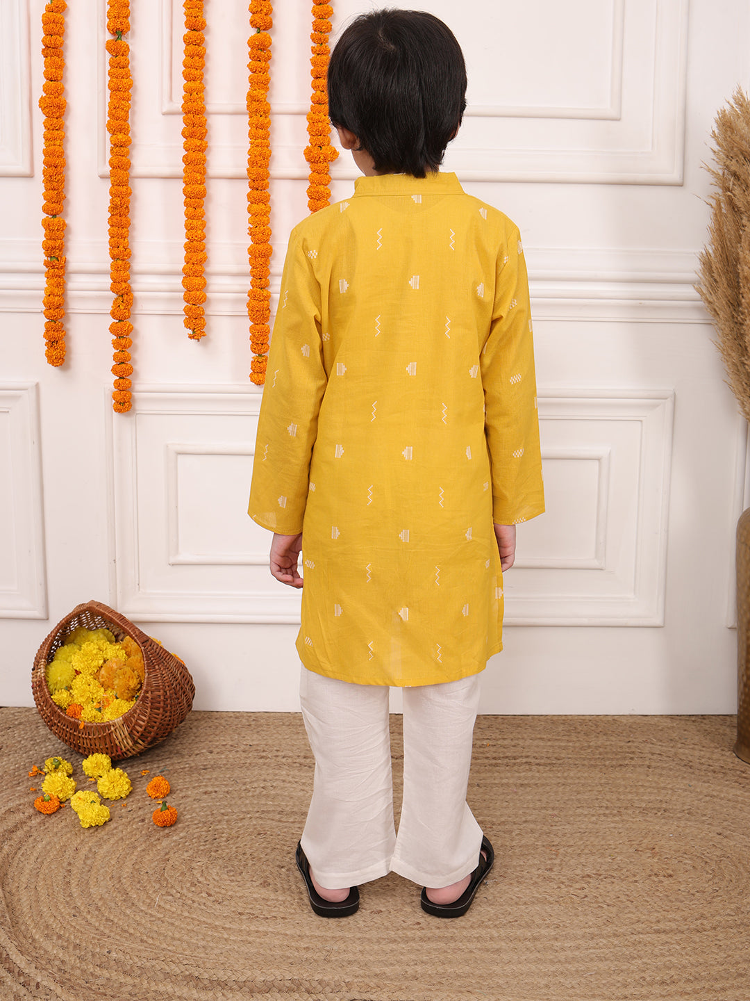 Boys Printed Full Sleeves Kurta Set-Dark Yellow