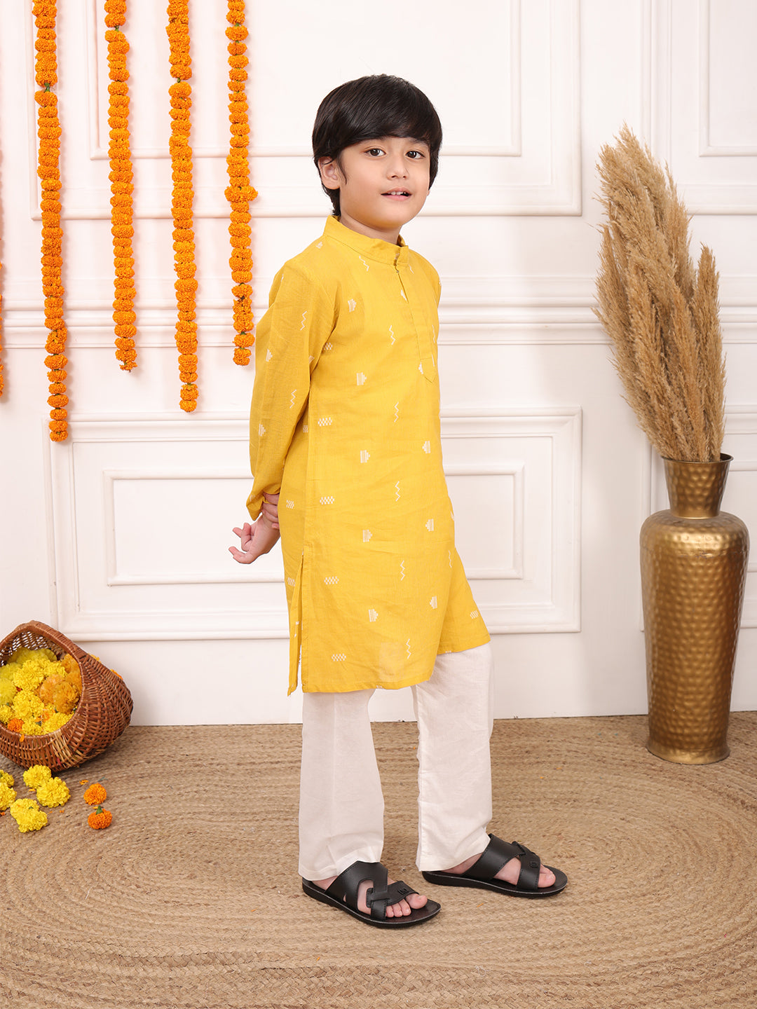 Boys Printed Full Sleeves Kurta Set-Dark Yellow