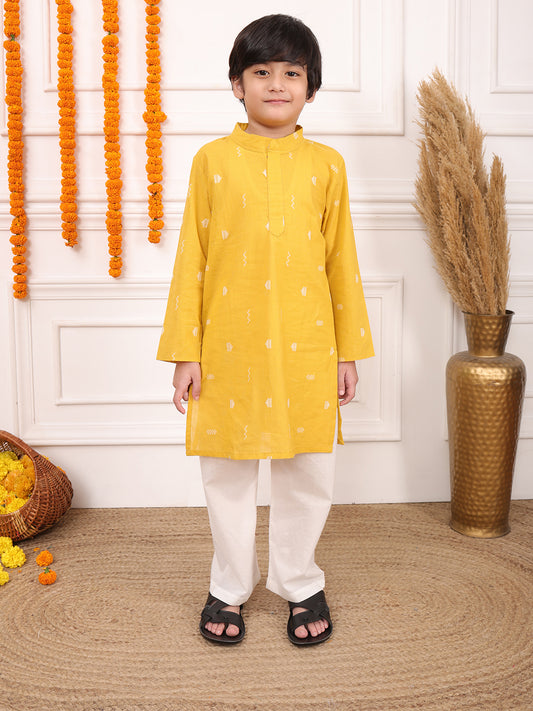 Boys Printed Full Sleeves Kurta Set-Dark Yellow