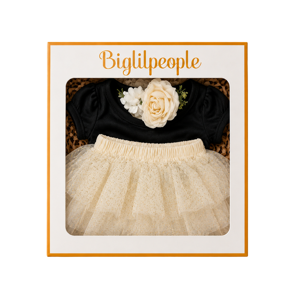 Newborn Girls Tutu Bloomer Gift Set with Romper – Beige & Black
