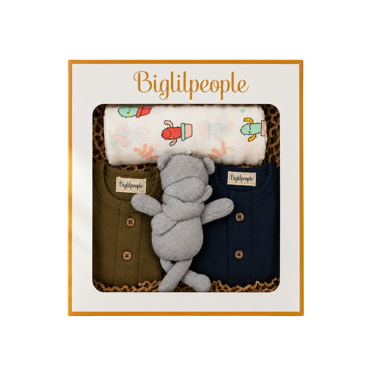 Newborn Muslin Gift Set with Swaddle & Doll – Blue & Olive