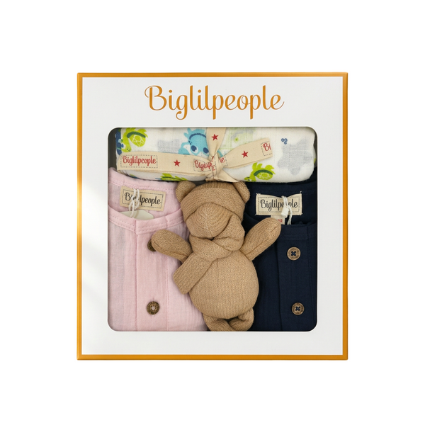 Newborn Muslin Gift Set with Swaddle & Doll – Blue & Pink