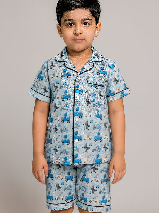 Printed Half Sleeves Night Suits For Boys and Girls-Blue