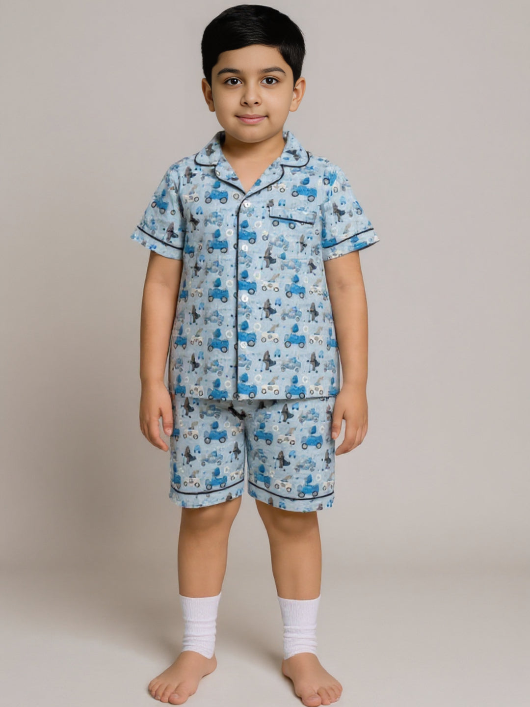 Printed Half Sleeves Night Suits For Boys and Girls-Blue