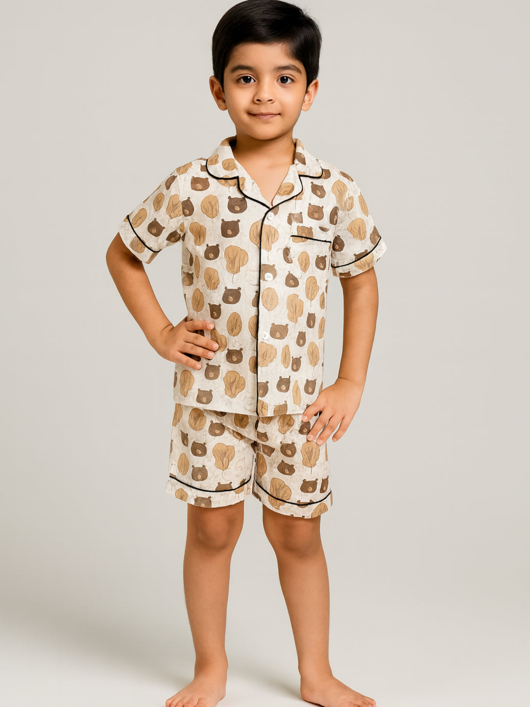 Printed Half Sleeves Night Suits For Boys and Girls-Brown