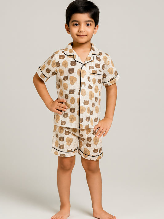 Printed Half Sleeves Night Suits For Boys and Girls-Brown