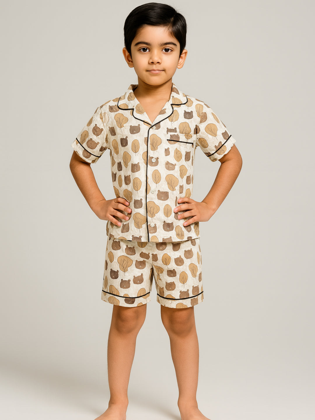 Printed Half Sleeves Night Suits For Boys and Girls-Brown