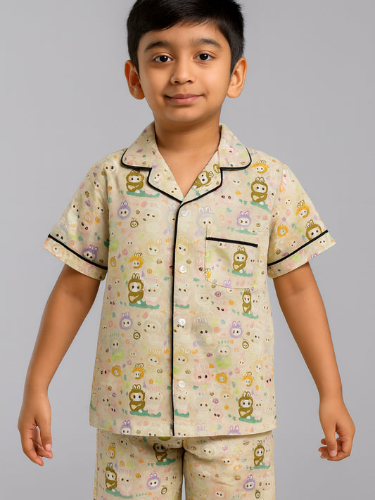 Printed Half Sleeves Night Suits For Boys and Girls-Green