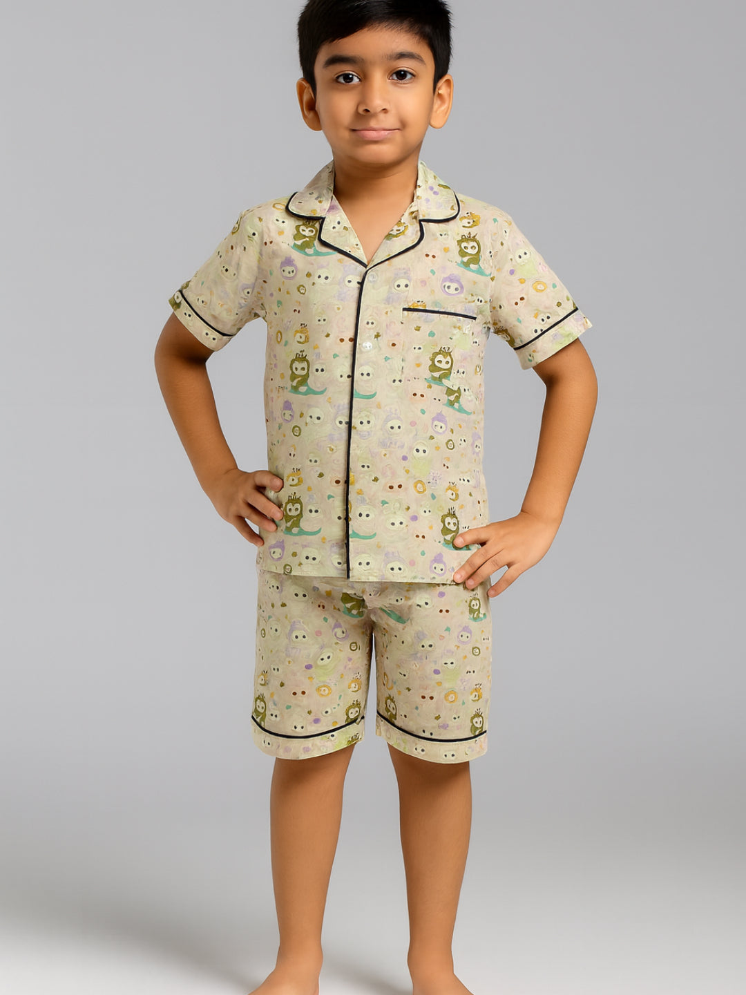 Printed Half Sleeves Night Suits For Boys and Girls-Green