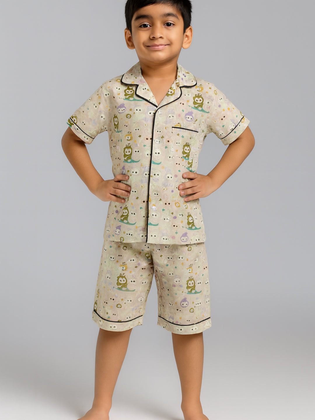 Printed Half Sleeves Night Suits For Boys and Girls-Green