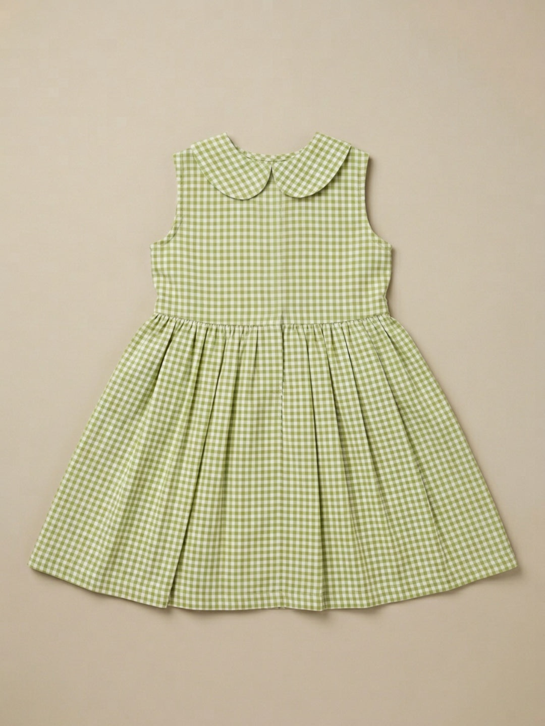 Girls Off White & Green checked Knee Length Peter Pan Collar Dress