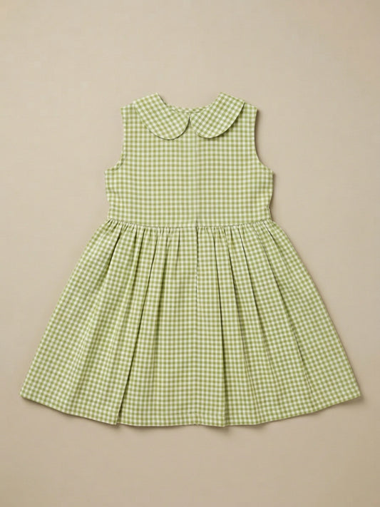 Girls Off White & Green checked Knee Length Peter Pan Collar Dress