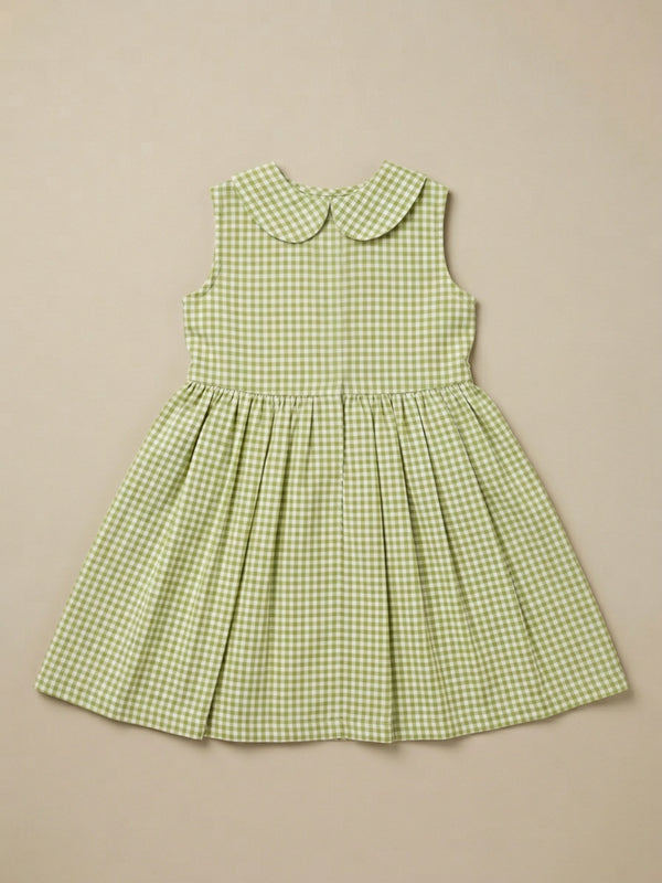 Girls Off White & Green checked Knee Length Peter Pan Collar Dress