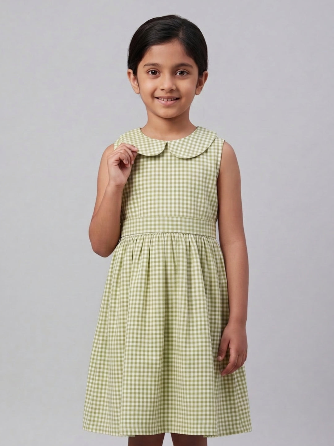 Girls Off White & Green checked Knee Length Peter Pan Collar Dress