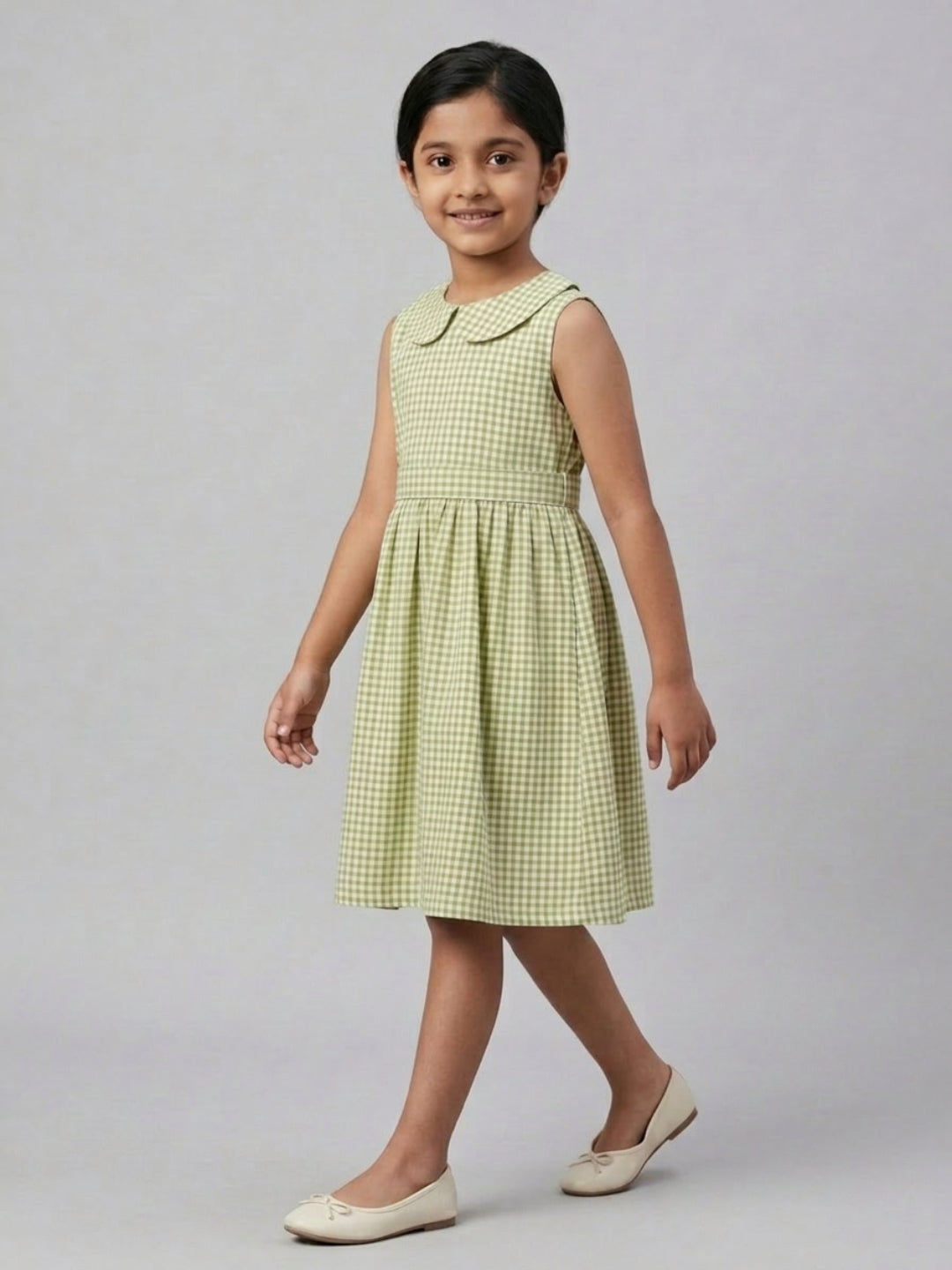 Girls Off White & Green checked Knee Length Peter Pan Collar Dress