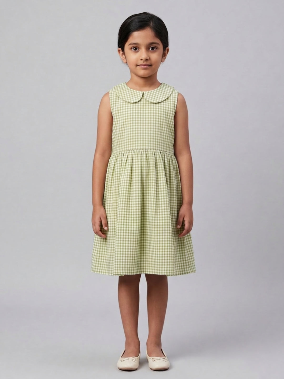 Girls Off White & Green checked Knee Length Peter Pan Collar Dress