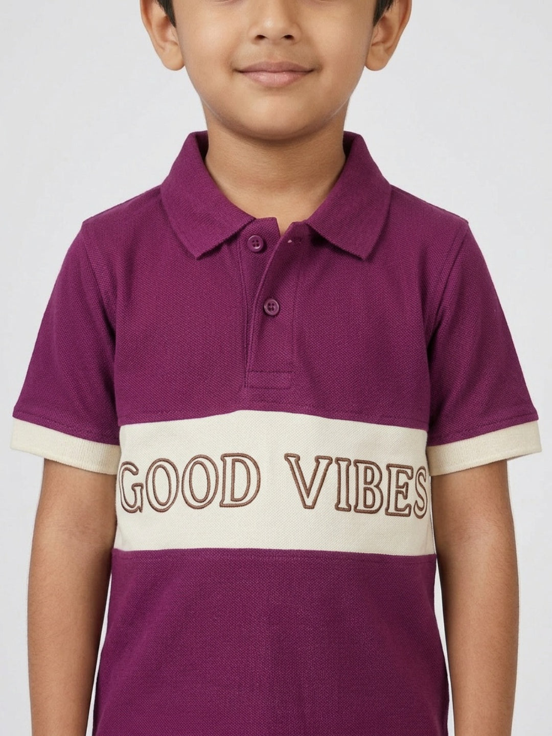 Boys Pure Cotton Purple & Off White Color Pique Polo T Shirt with Good Vibes design Print
