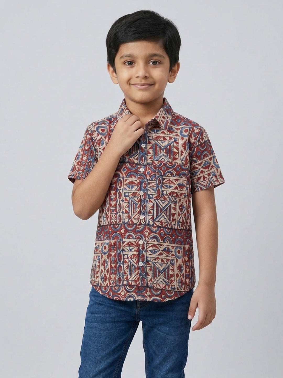 Biglilpeople Boys Ethnic Print Spread Collar Short Sleeves Shirt