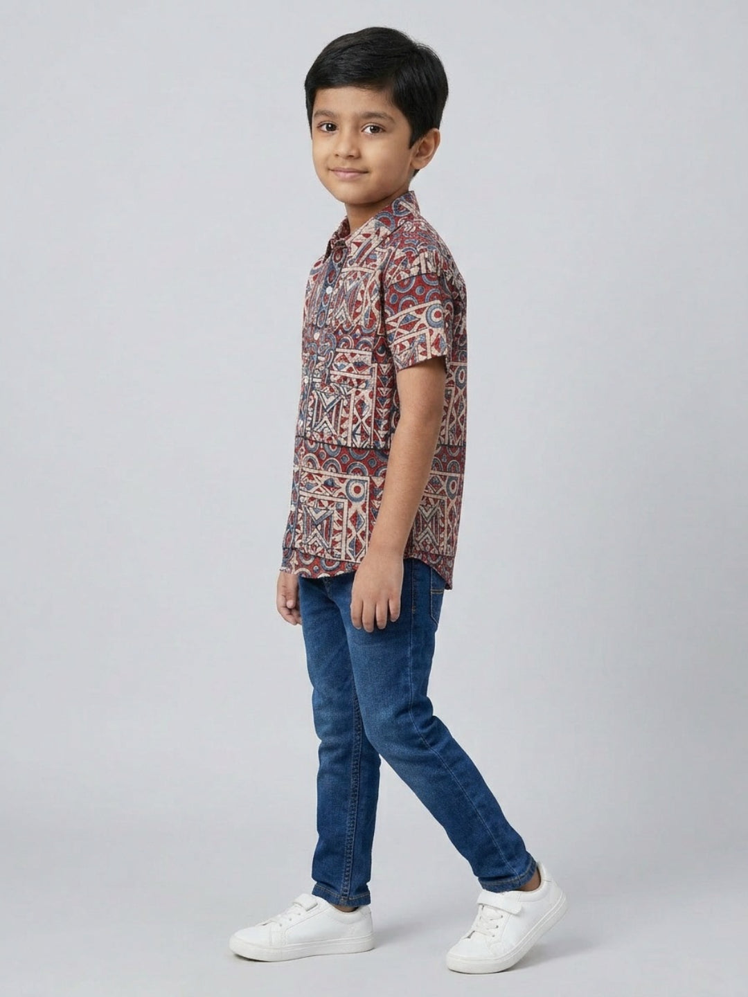Biglilpeople Boys Ethnic Print Spread Collar Short Sleeves Shirt