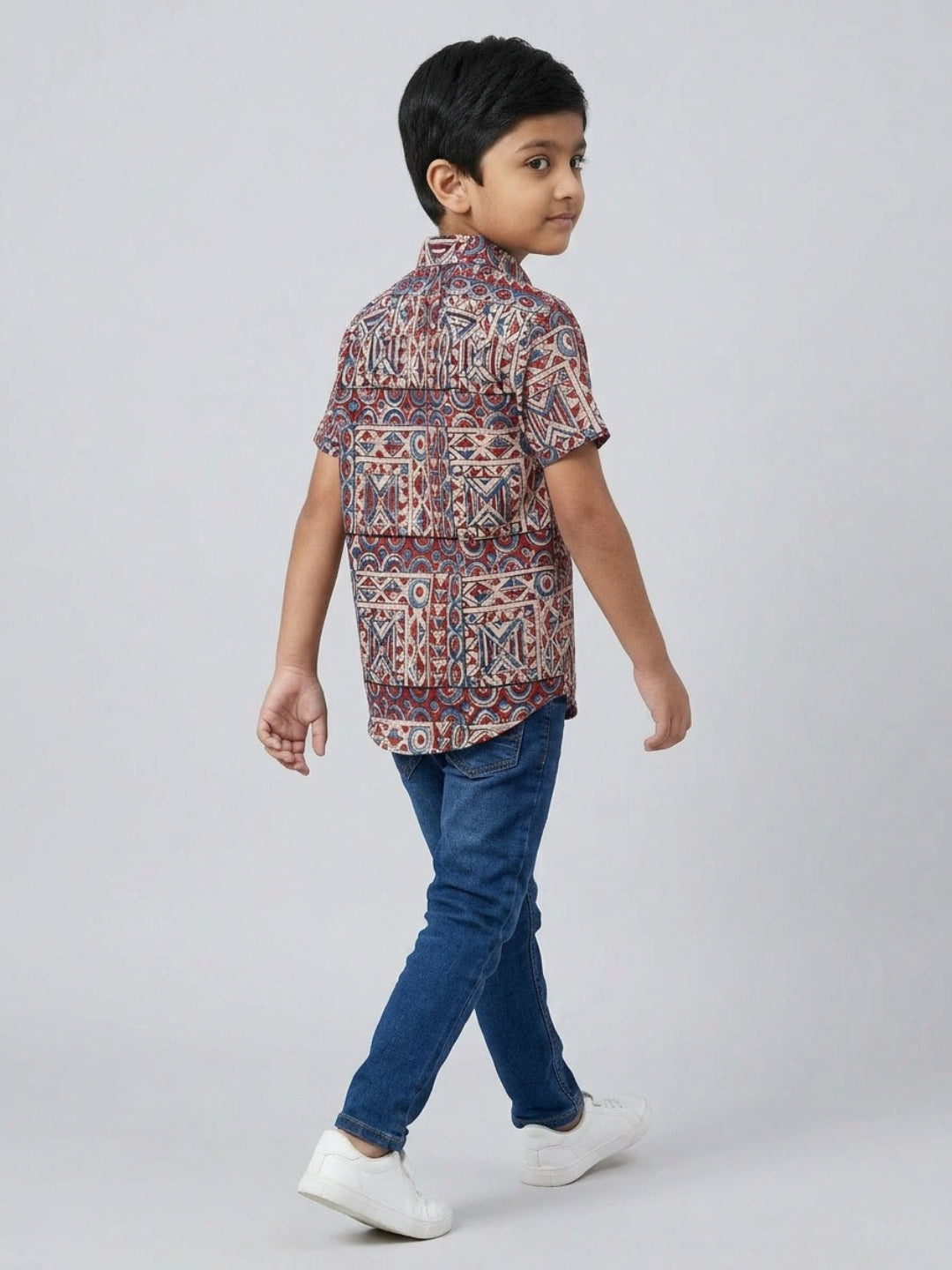 Biglilpeople Boys Ethnic Print Spread Collar Short Sleeves Shirt