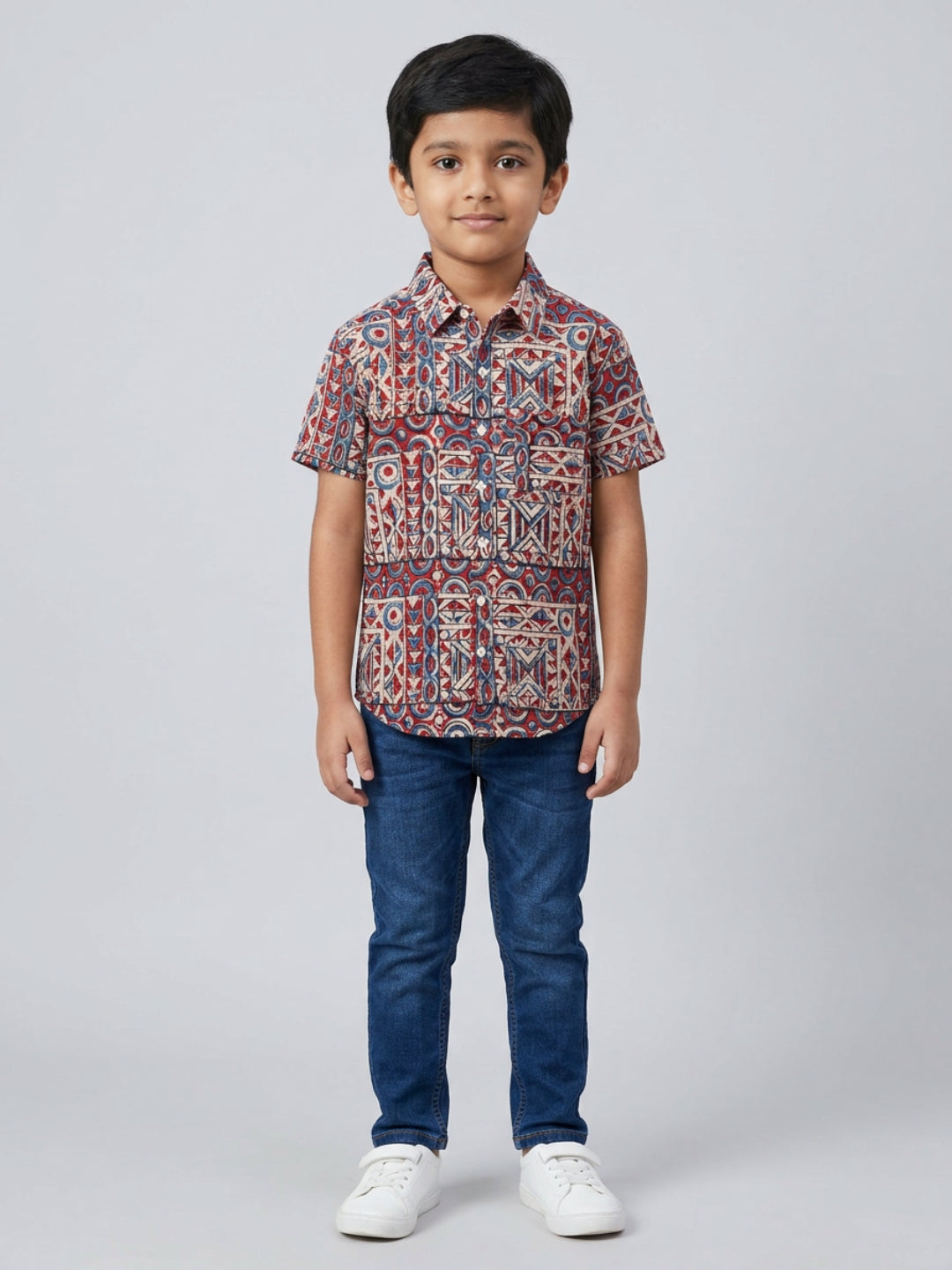 Biglilpeople Boys Ethnic Print Spread Collar Short Sleeves Shirt