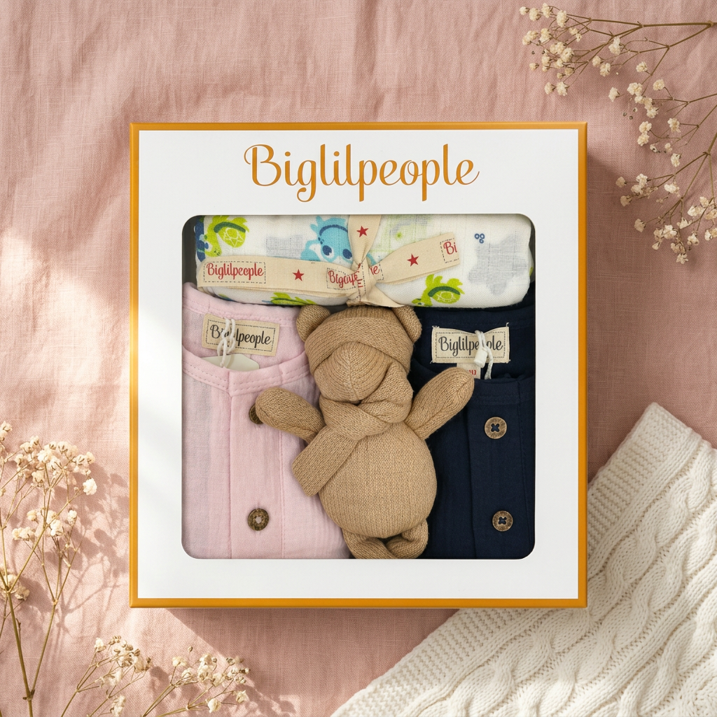 Newborn Muslin Gift Set with Swaddle & Doll – Blue & Pink